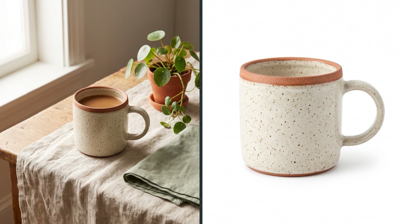 The same speckled ceramic mug photographed twice: on the left styled on a linen runner beside a plant in soft window light, on the right isolated on a plain white background filling most of the frame