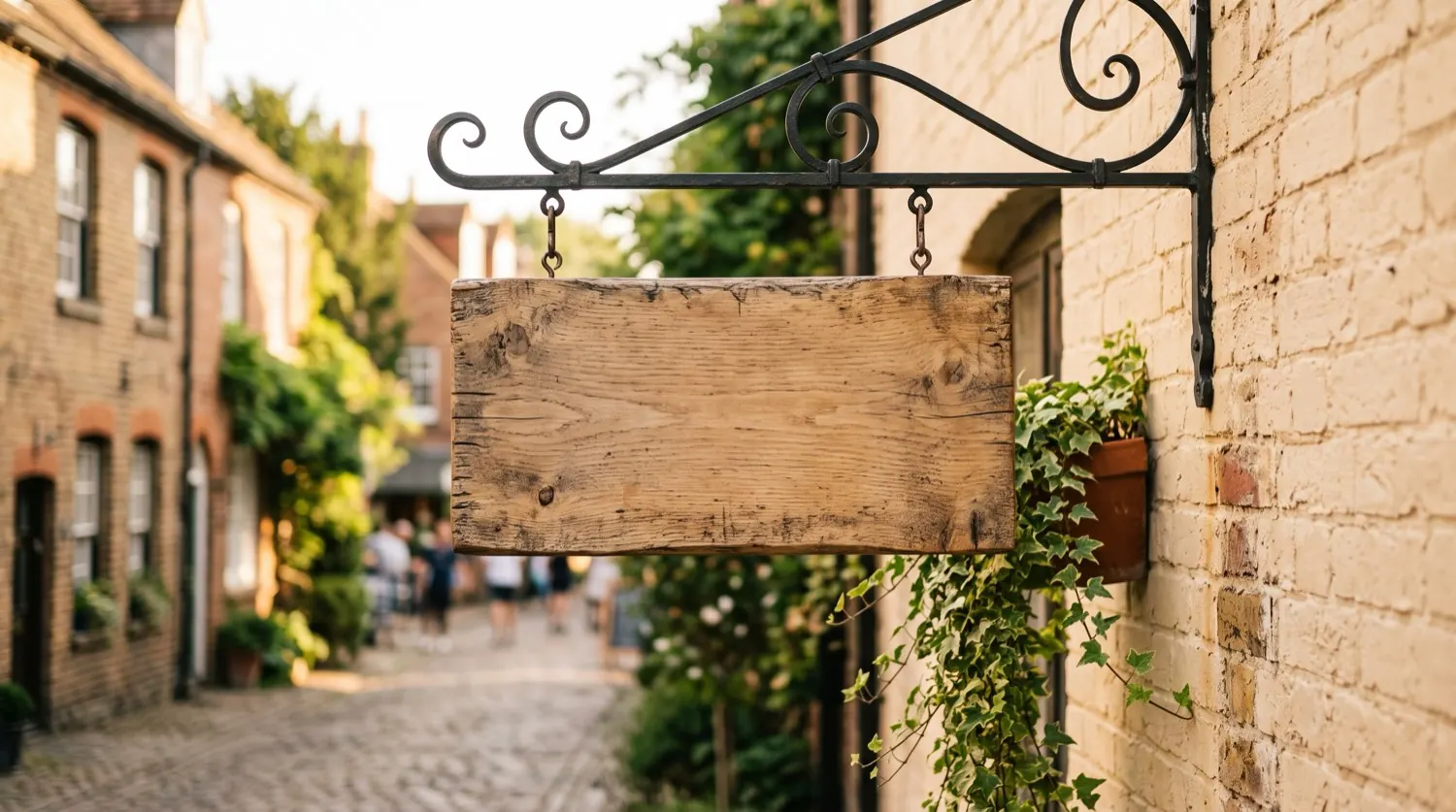 A blank weathered wooden shop sign hanging from a curled black iron bracket on a cream brick wall, a cobbled lane blurred behind it